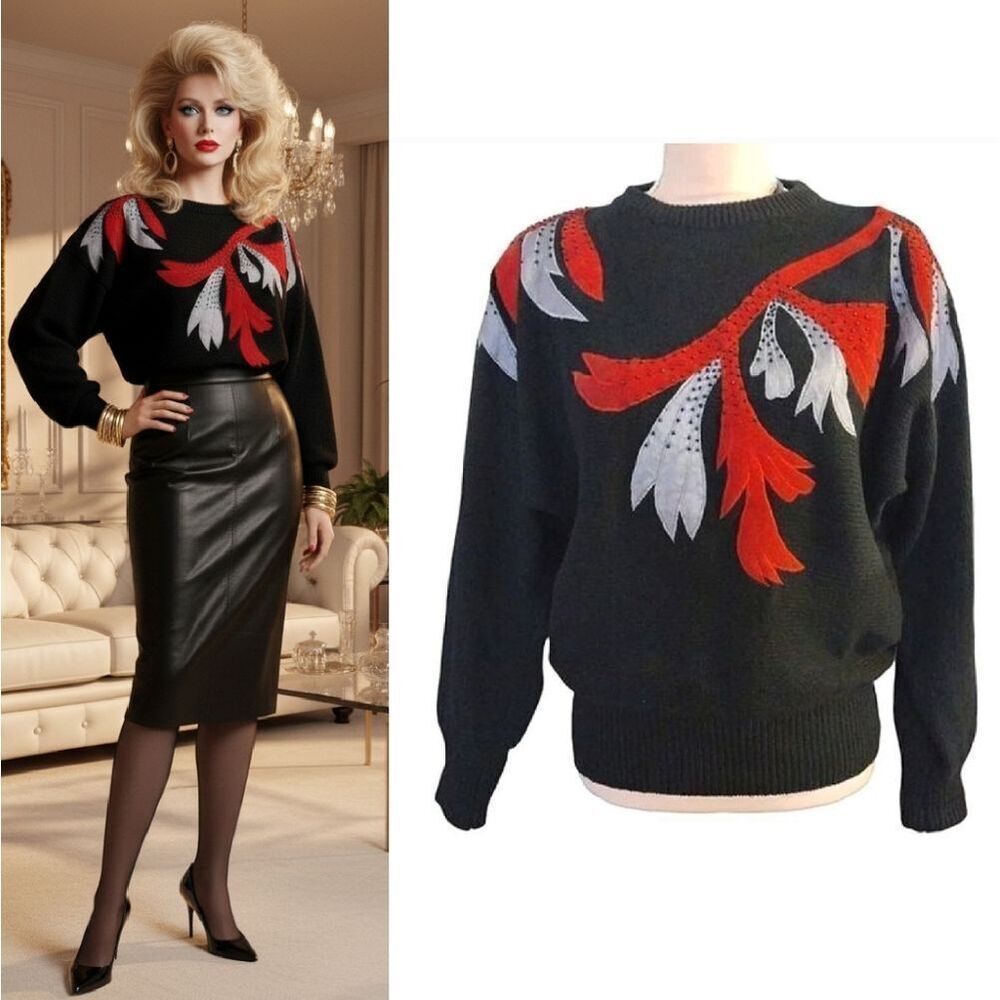 VTG‎ 80s Glam Beaded Sweater Silk Rabbit Hair Lambswool Blend Black Red Medium